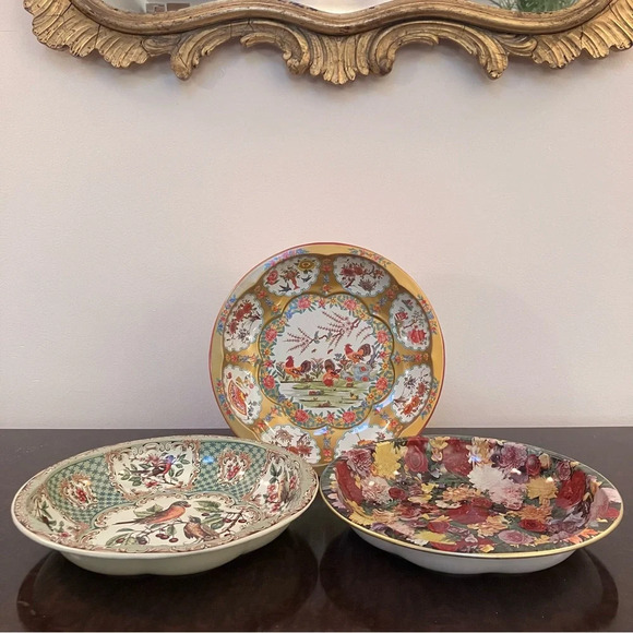 VTG  1971 Daher  Ware Round Tin  Bowls (3) England 10.25” Chicken Bird Floral - Picture 1 of 9